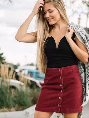 Womens Red Button-Front Corduroy Skirt